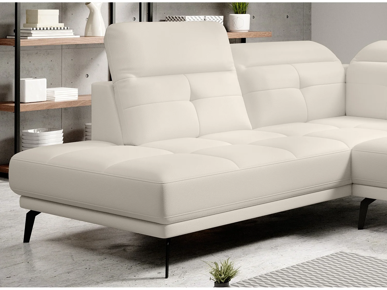 Canapé panoramique moderne simili cuir beige clair angle gauche Versus 350cm