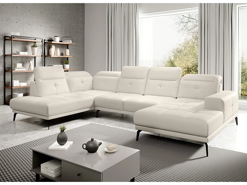 Canapé panoramique moderne simili cuir beige clair angle gauche Versus 350cm