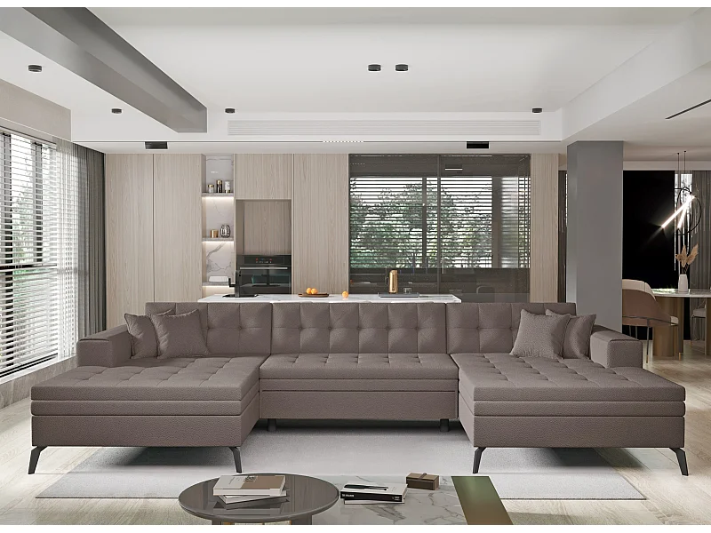 Canapé panoramique convertible tissu capitonné marron clair Romy 350cm