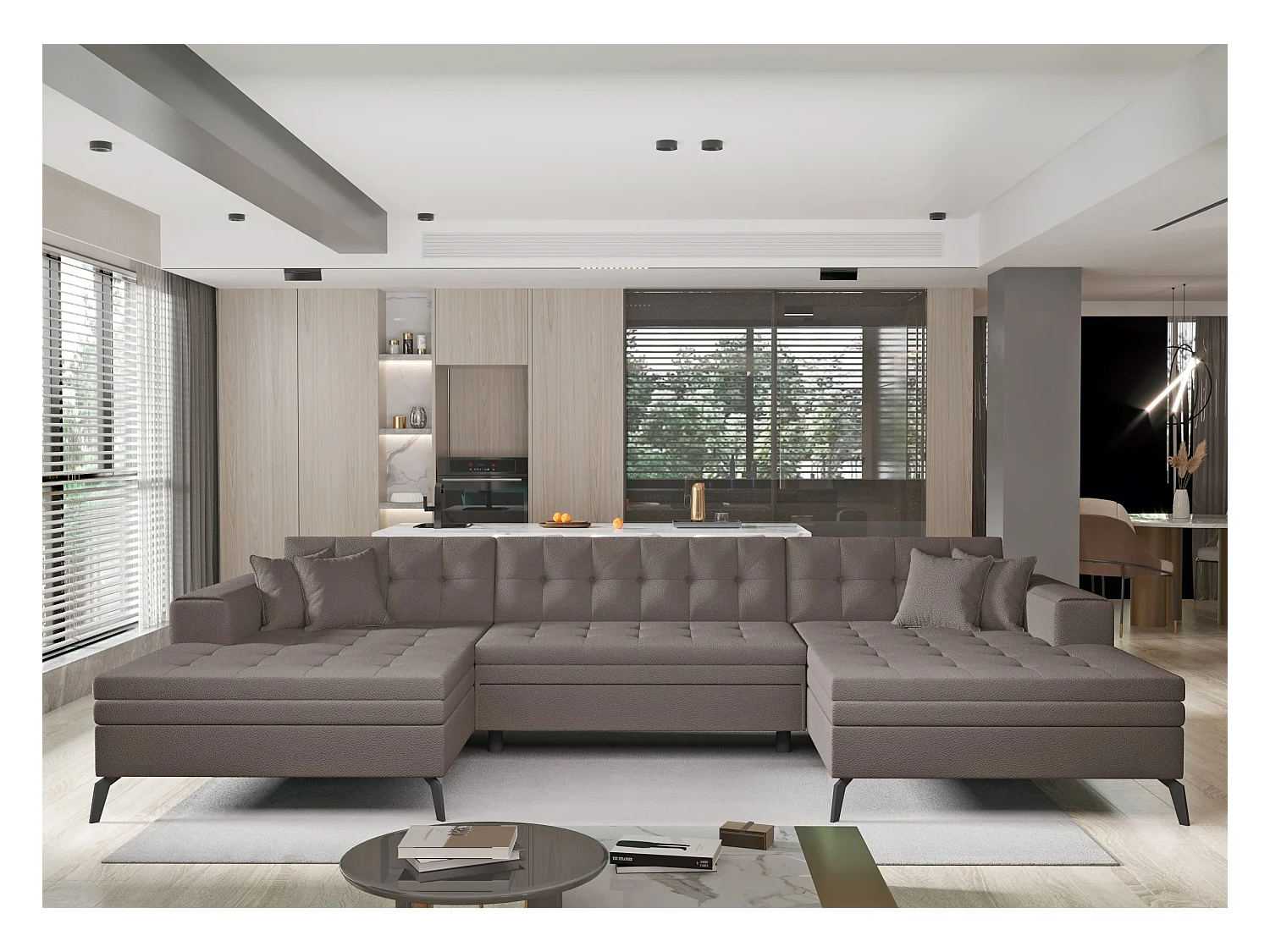 Canapé panoramique convertible tissu capitonné marron clair Romy 350cm