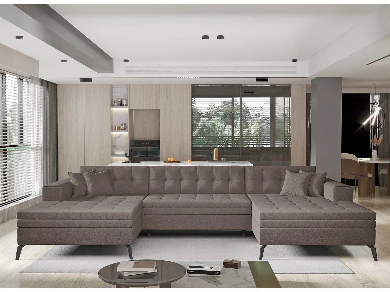 Canapé panoramique convertible tissu capitonné marron clair Romy 350cm