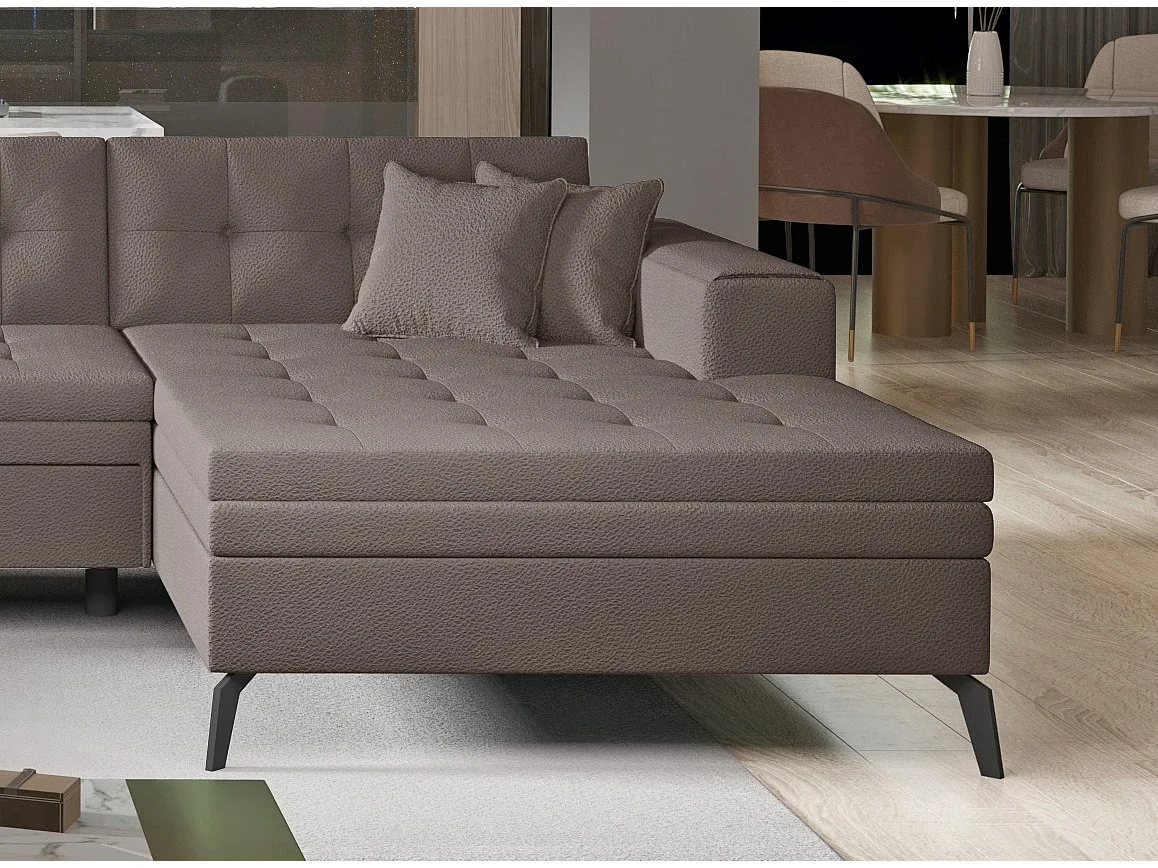 Canapé d'angle panoramique convertible 5 places en tissu capitonné marron ROMY