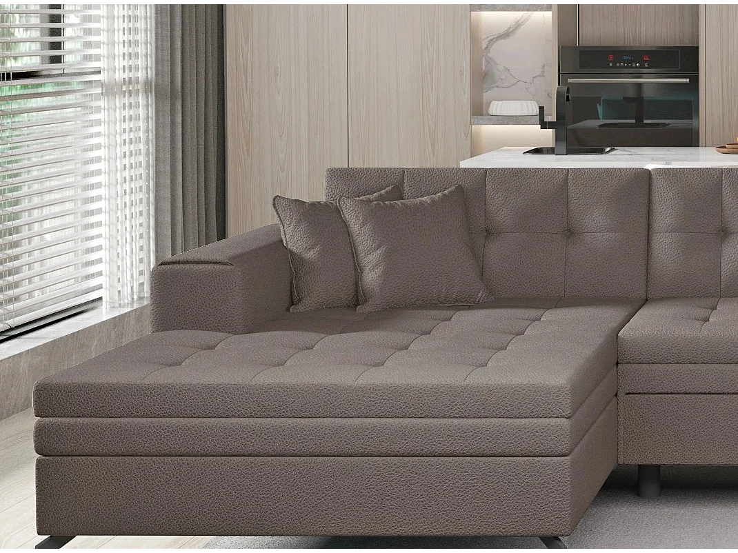 Canapé d'angle panoramique convertible 5 places en tissu capitonné marron ROMY