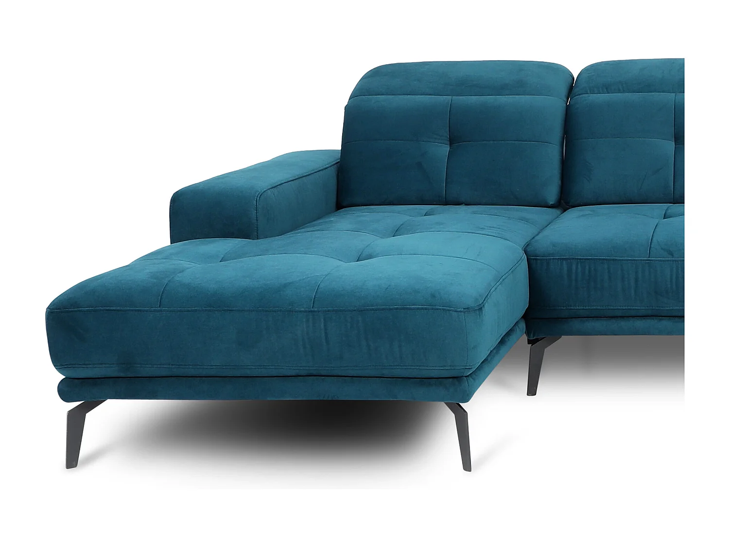 Canapé panoramique design tissu bleu canard têtières angle droit avec accoudoir Stan 350cm