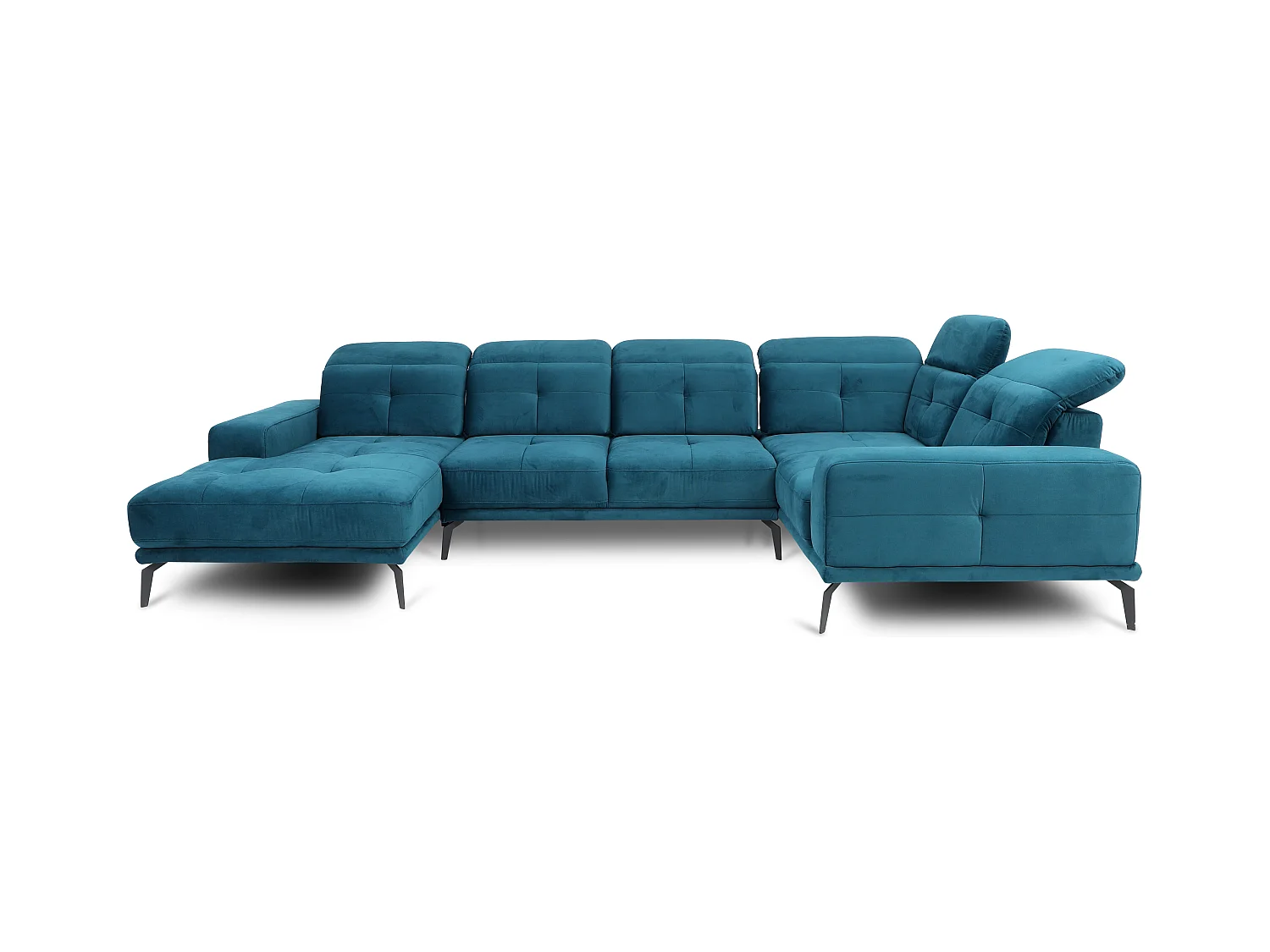 Canapé panoramique design tissu bleu canard têtières angle droit avec accoudoir Stan 350cm