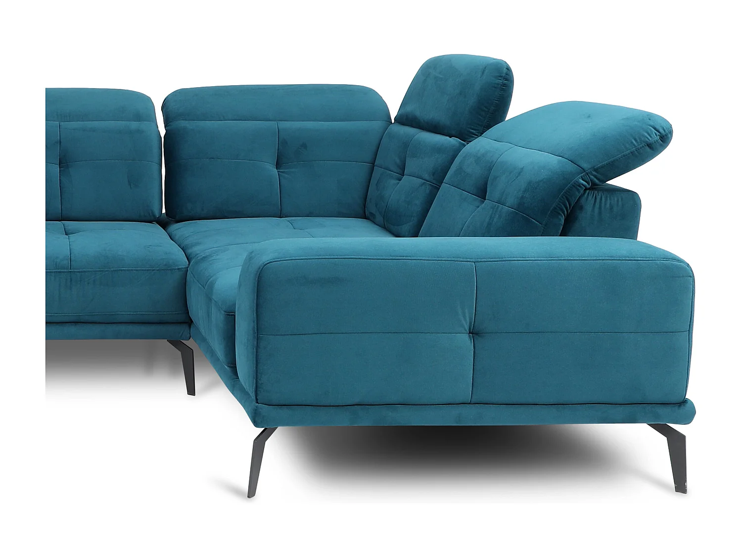 Panoramische designbank in eendblauwe stof, haakse hoofdsteunen met Stan armleuning 350 cm