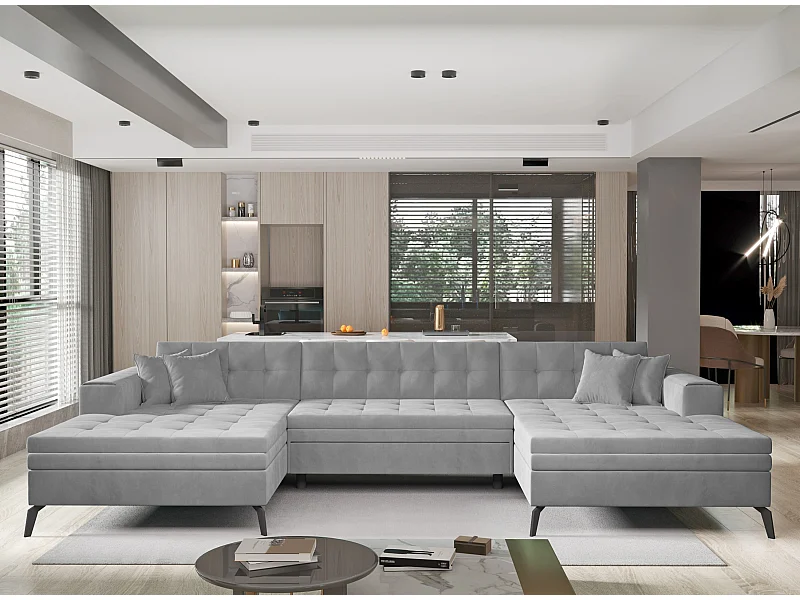 Canapé panoramique convertible tissu doux brillant capitonné gris clair Romy 350cm