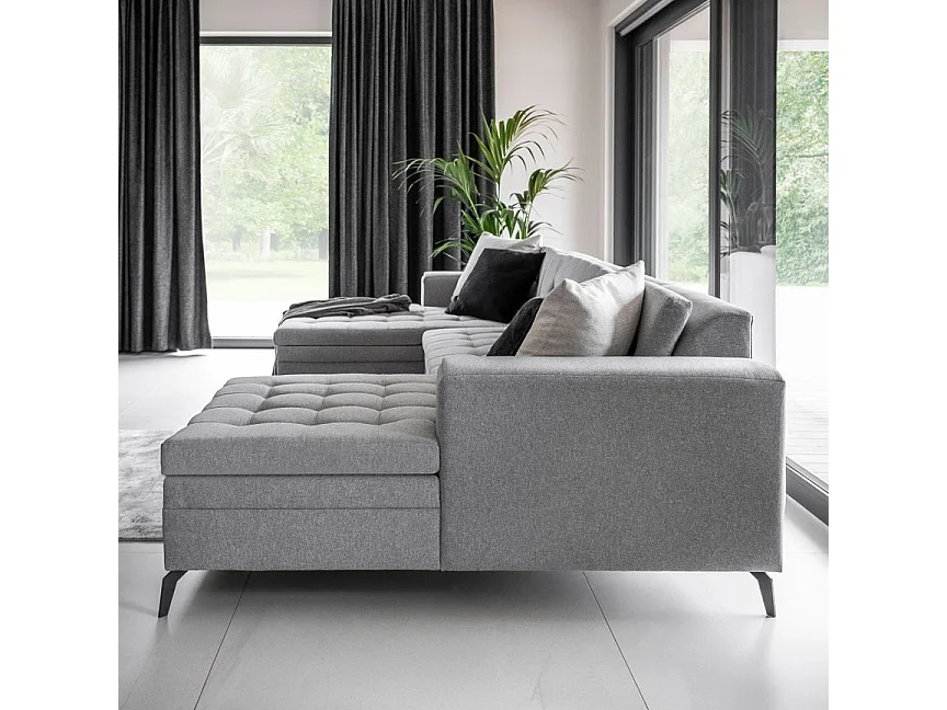 Canapé panoramique convertible tissu doux brillant capitonné gris clair Romy 350cm