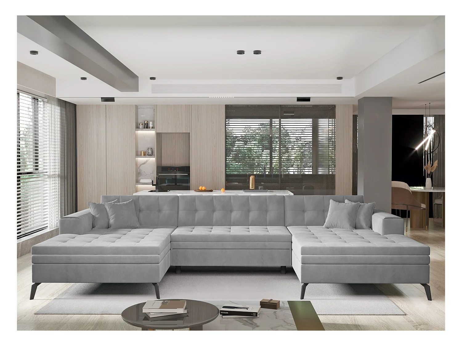 Canapé panoramique convertible tissu doux brillant capitonné gris clair Romy 350cm