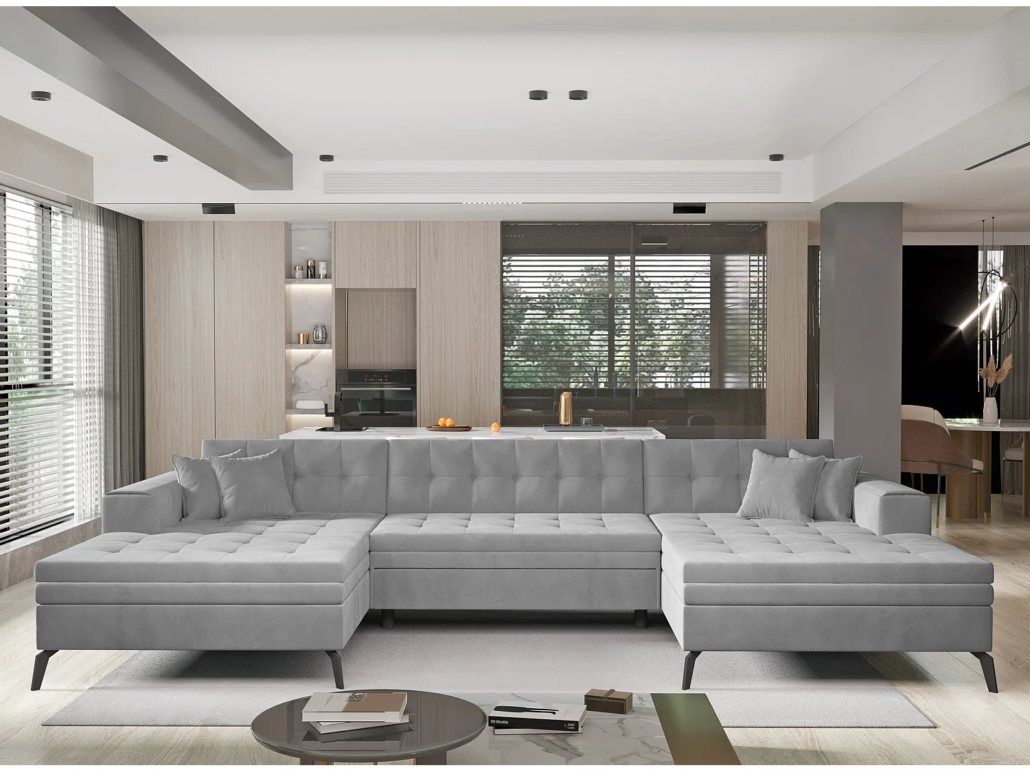 Canapé panoramique convertible tissu doux brillant capitonné gris clair Romy 350cm