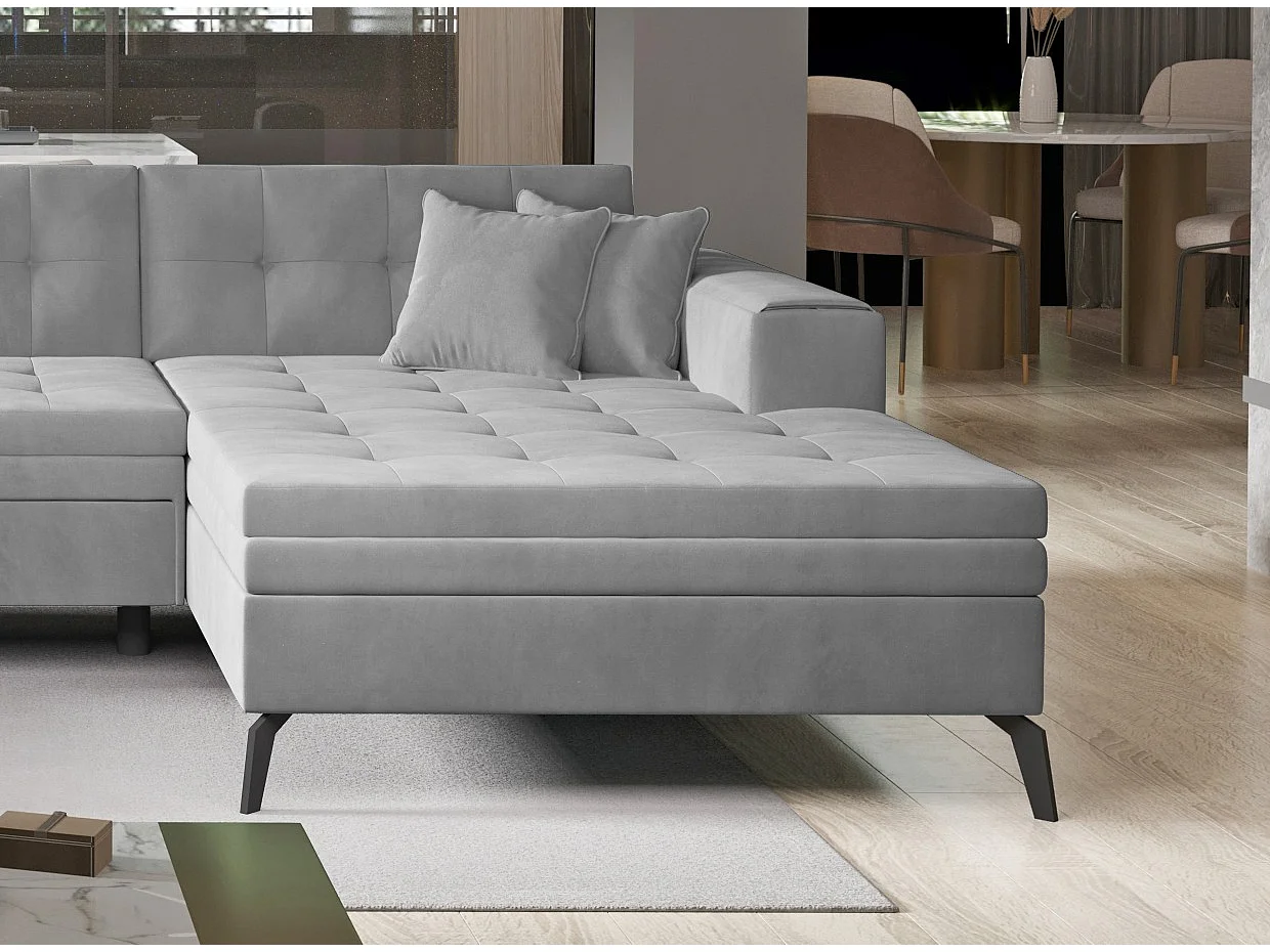 Canapé panoramique convertible tissu doux brillant capitonné gris clair Romy 350cm