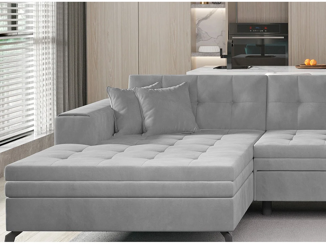 Canapé d'angle panoramique convertible 5 places en tissu capitonné gris clair ROMY