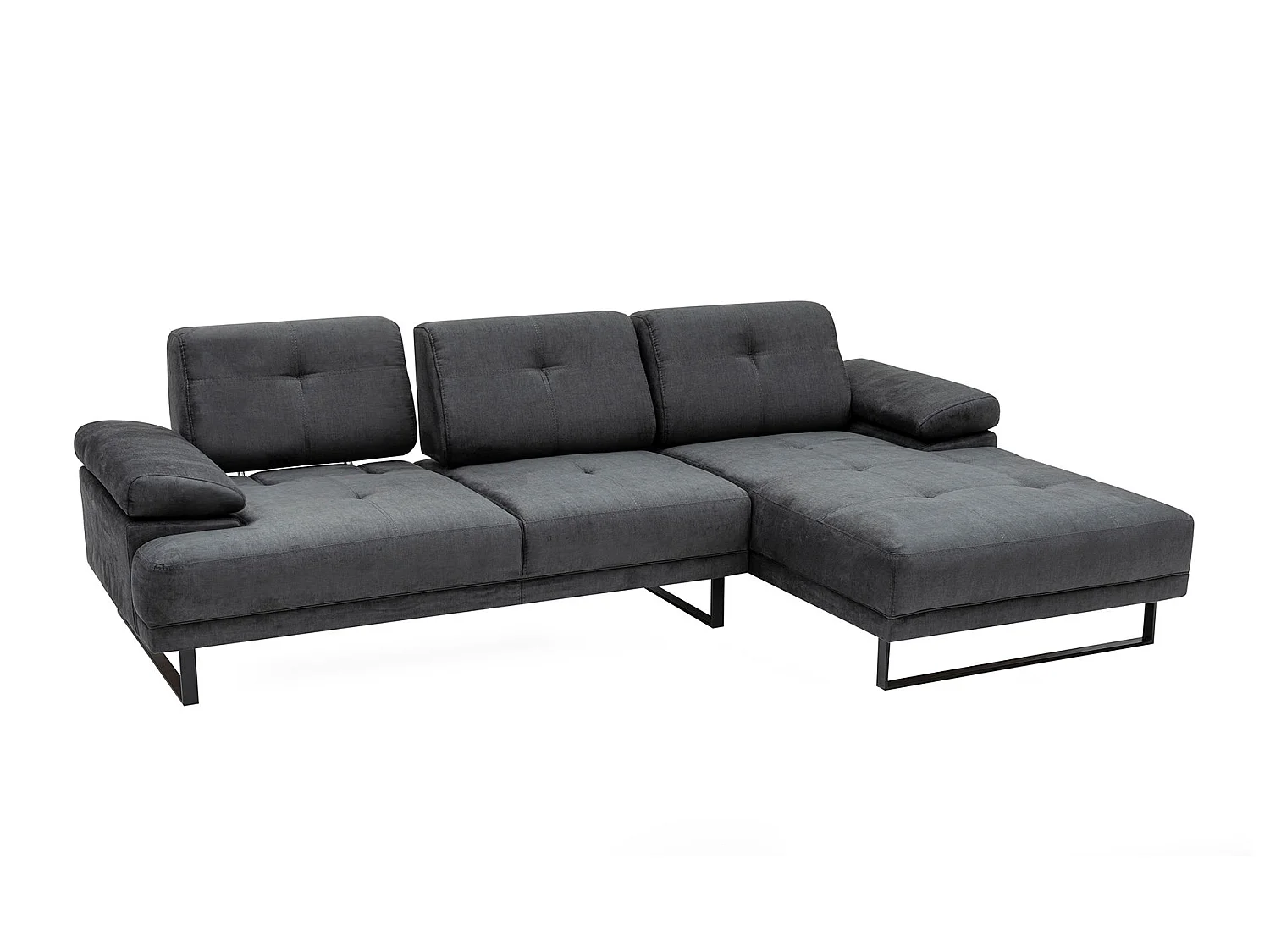 Grote rechterhoekbank antraciet stof en zwart metaal Kustone 314 cm