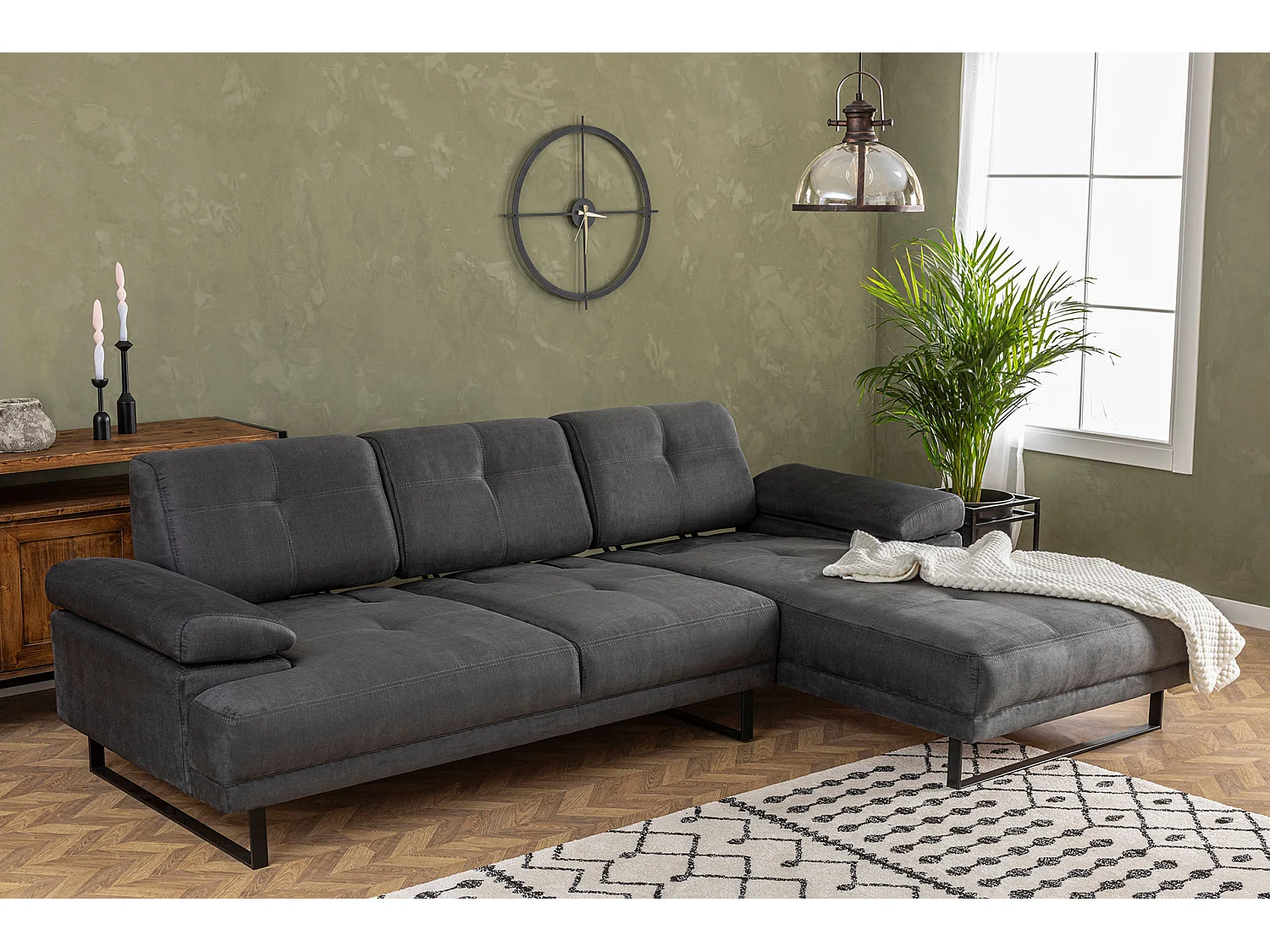 Grand canapé d'angle droit tissu anthracite et métal noir Kustone 314cm