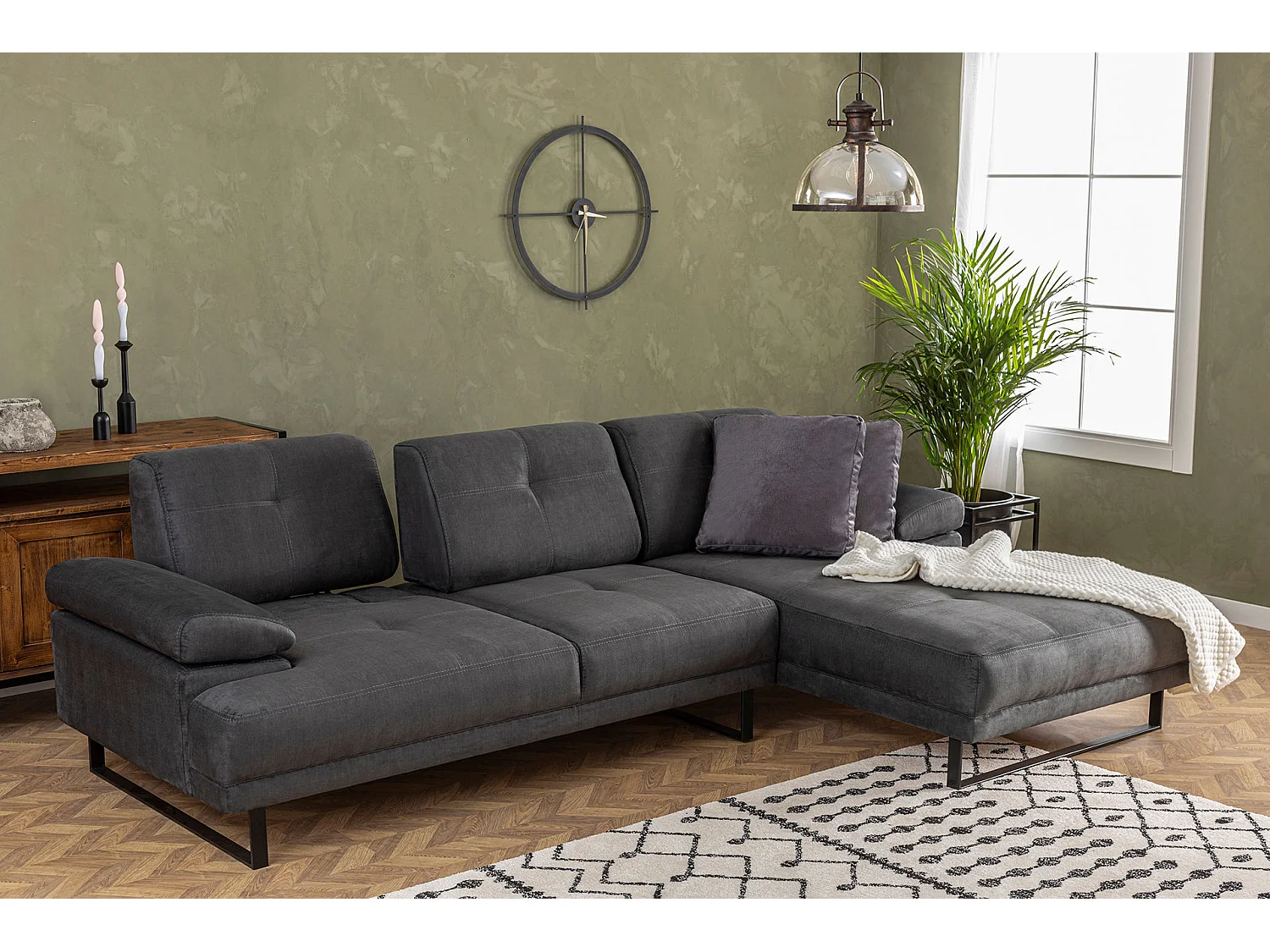 Grand canapé d'angle droit tissu anthracite et métal noir Kustone 314cm