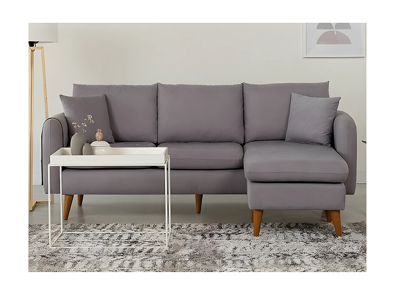 Canapé d'angle droit tissu gris avec pieds en bois naturel Rival 215cm