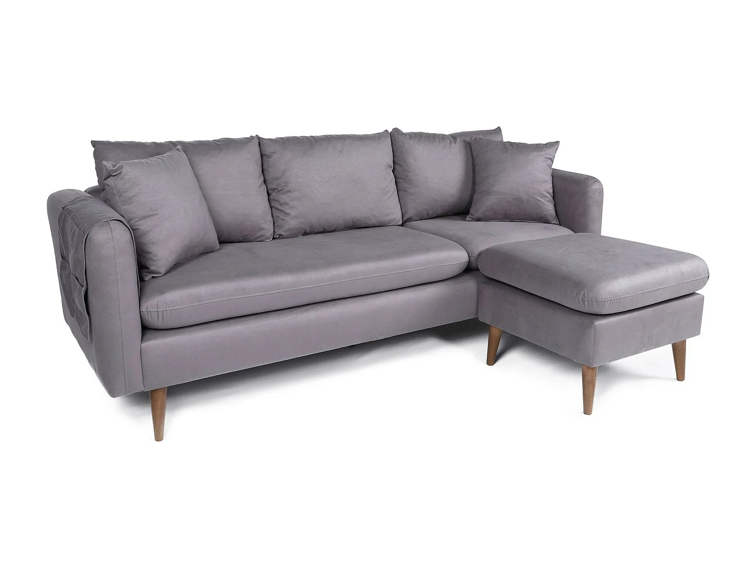 Canapé d'angle droit tissu gris avec pieds en bois naturel Rival 215cm