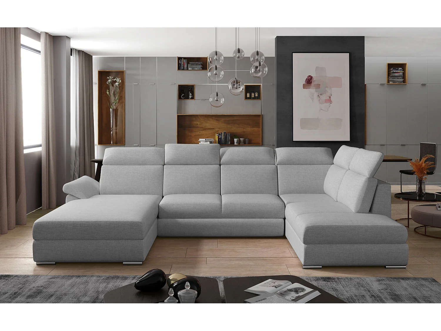 Canapé panoramique convertible tissu gris souris coffre de rangement à gauche Levano 330cm