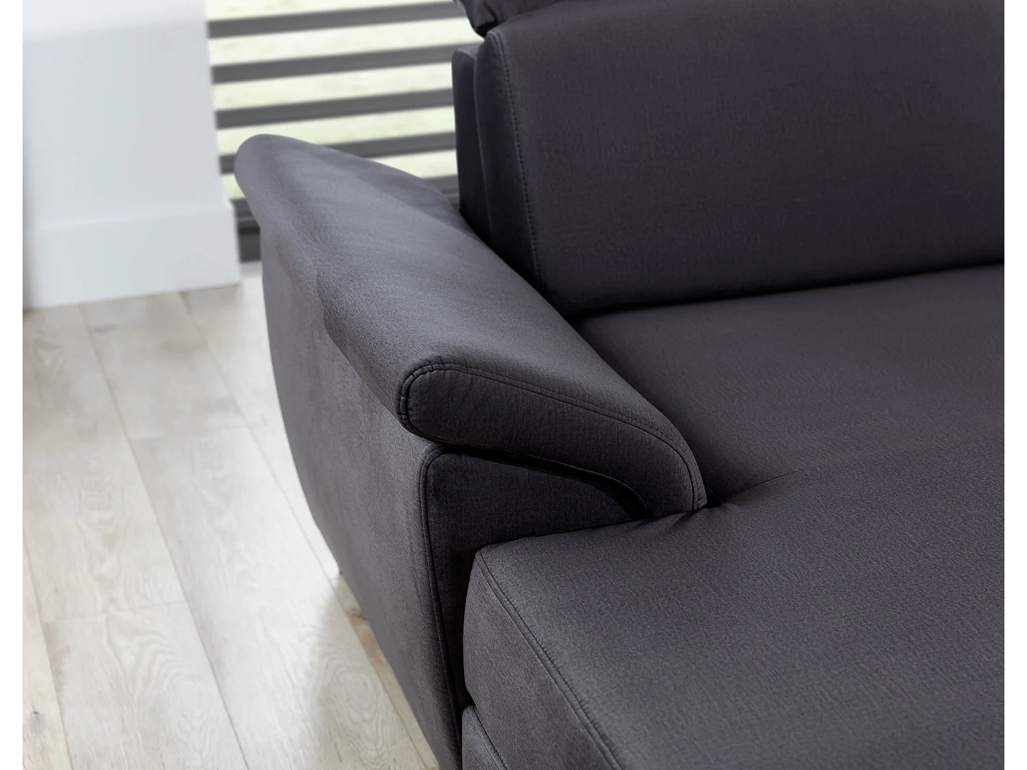 Canapé panoramique convertible tissu gris souris coffre de rangement à gauche Levano 330cm