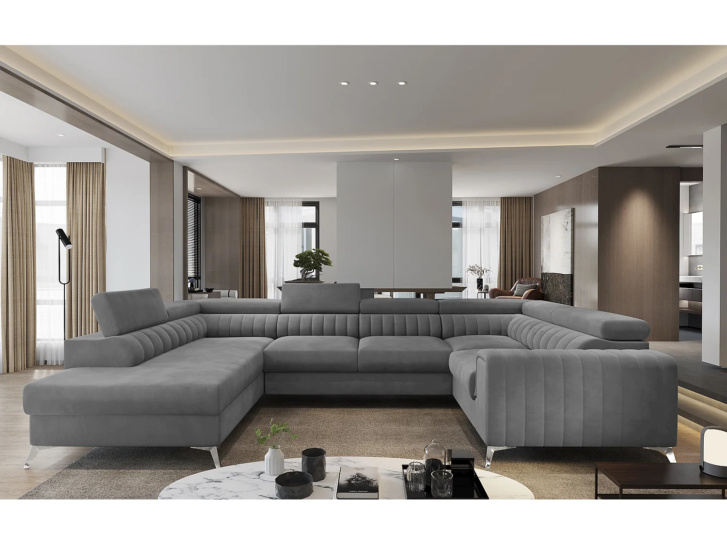 Canapé panoramique convertible velours gris avec coffre de rangement Louve 340cm-Coffre de rangement à gauche