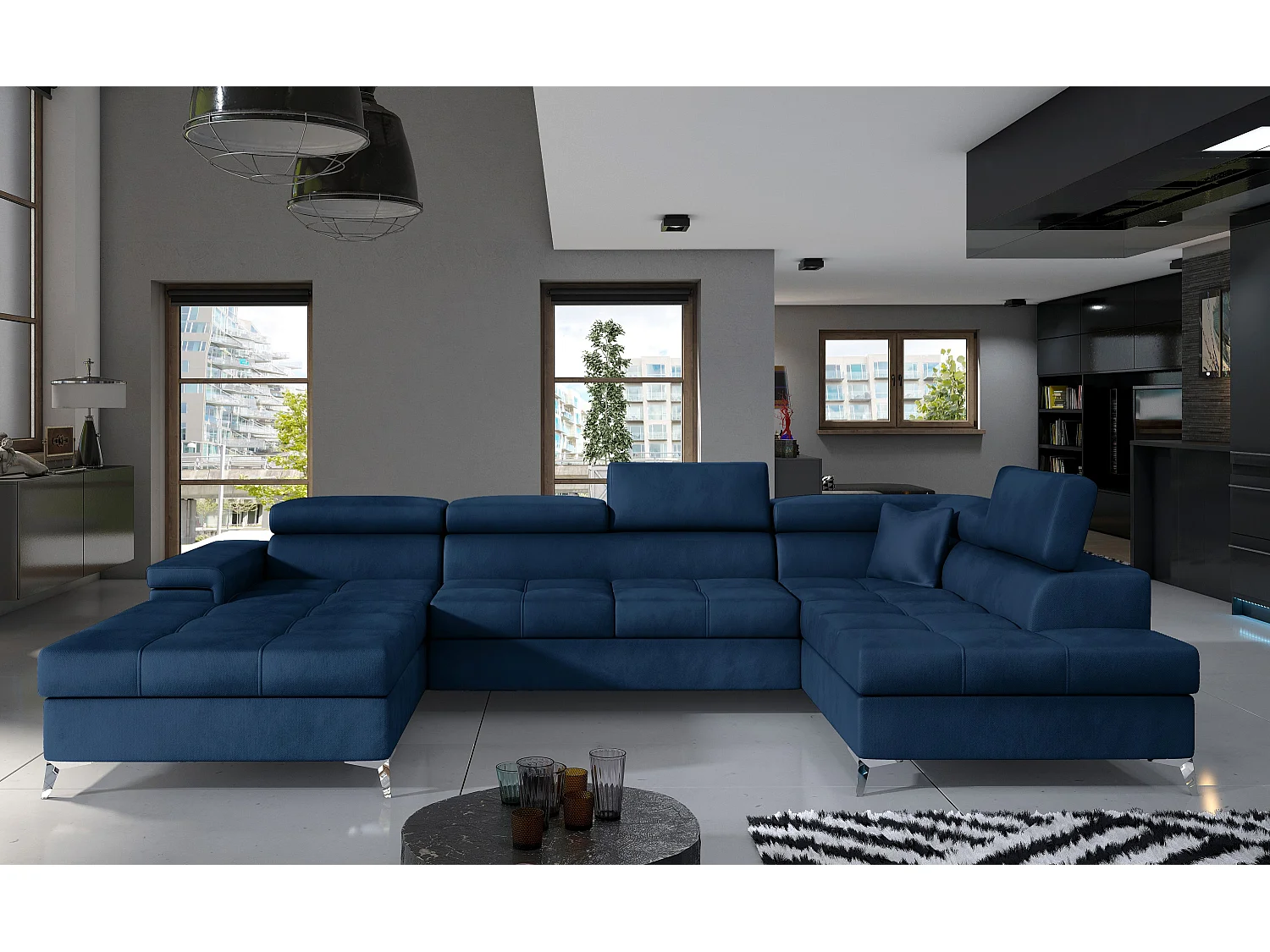 Canapé panoramique velours bleu foncé coffre de rangement à droite Kutty 345cm