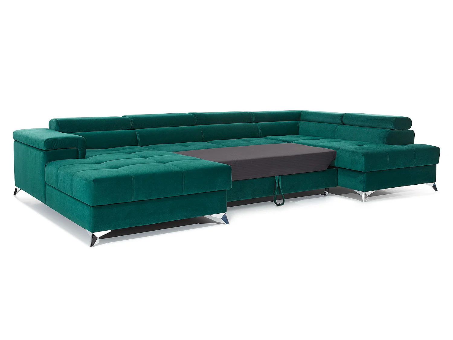 Canapé panoramique velours bleu foncé coffre de rangement à droite Kutty 345cm