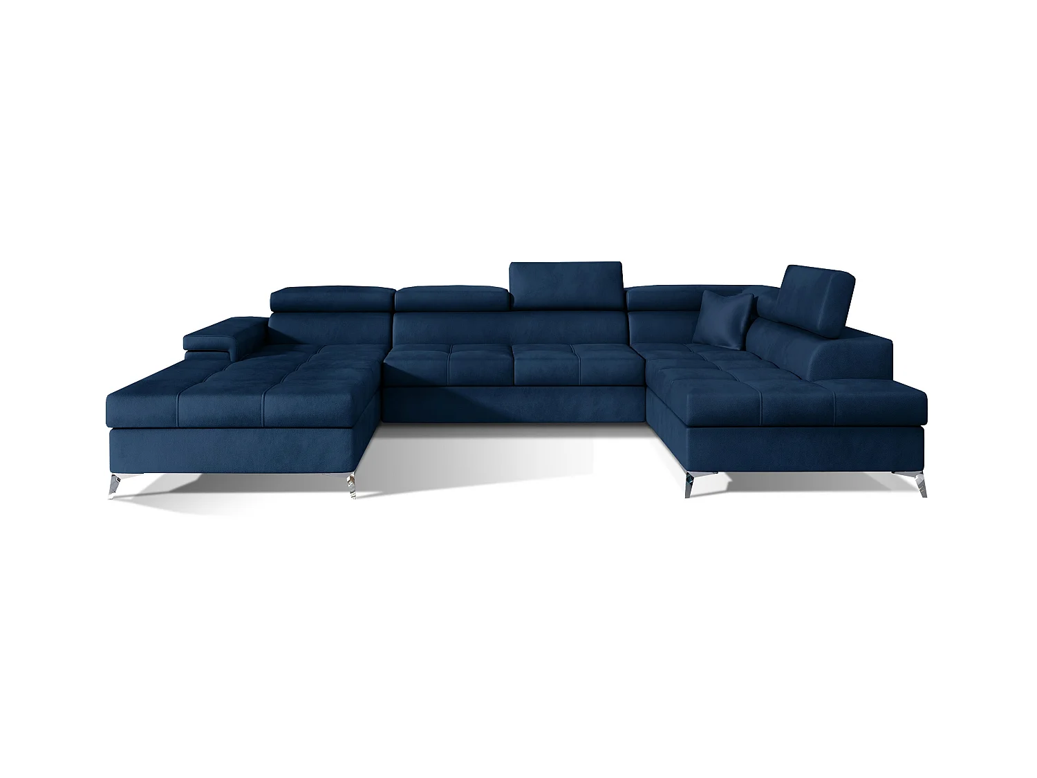 Canapé panoramique velours bleu foncé coffre de rangement à droite Kutty 345cm