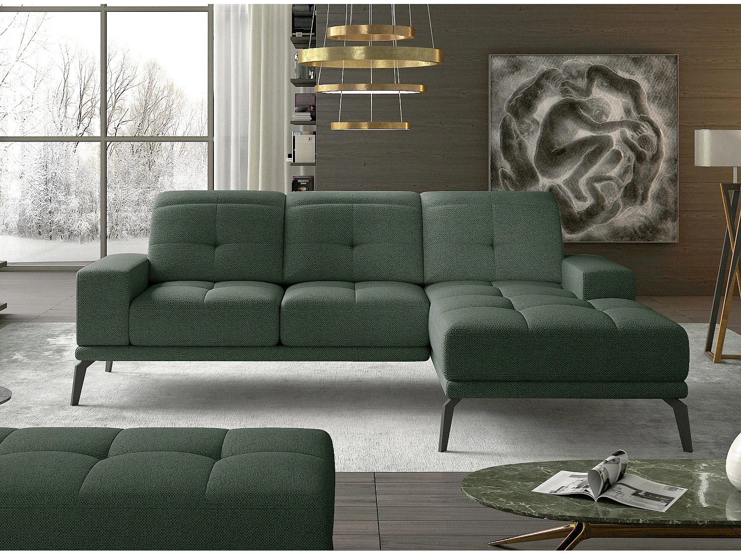 Canapé d'angle droit 5 places tissu vert avocat Torpille 265cm