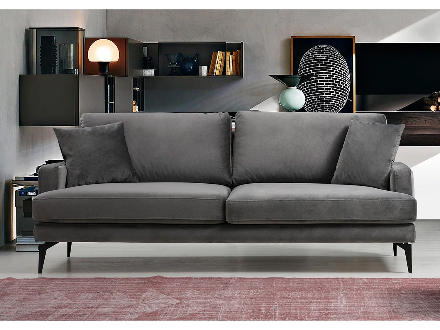 Canapé 3 places design tissu velouté gris et pieds métal noir Kombaz 205cm