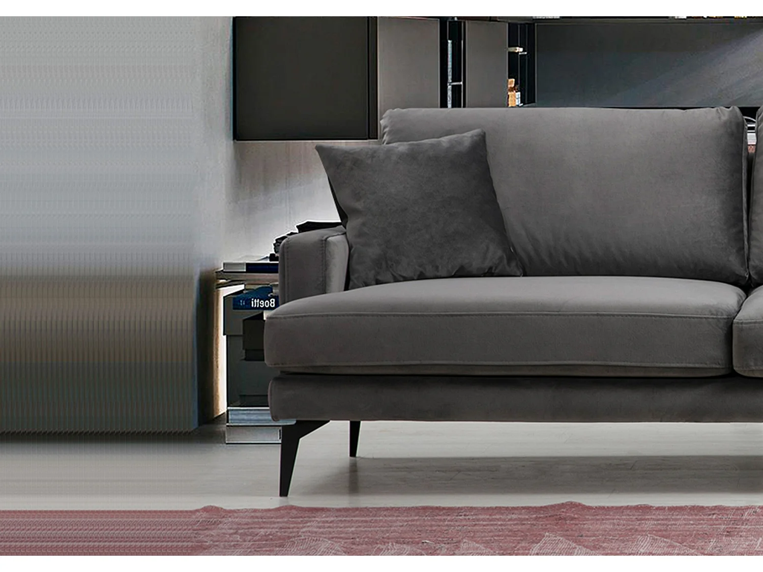 Canapé 3 places design tissu velouté gris et pieds métal noir Kombaz 205cm