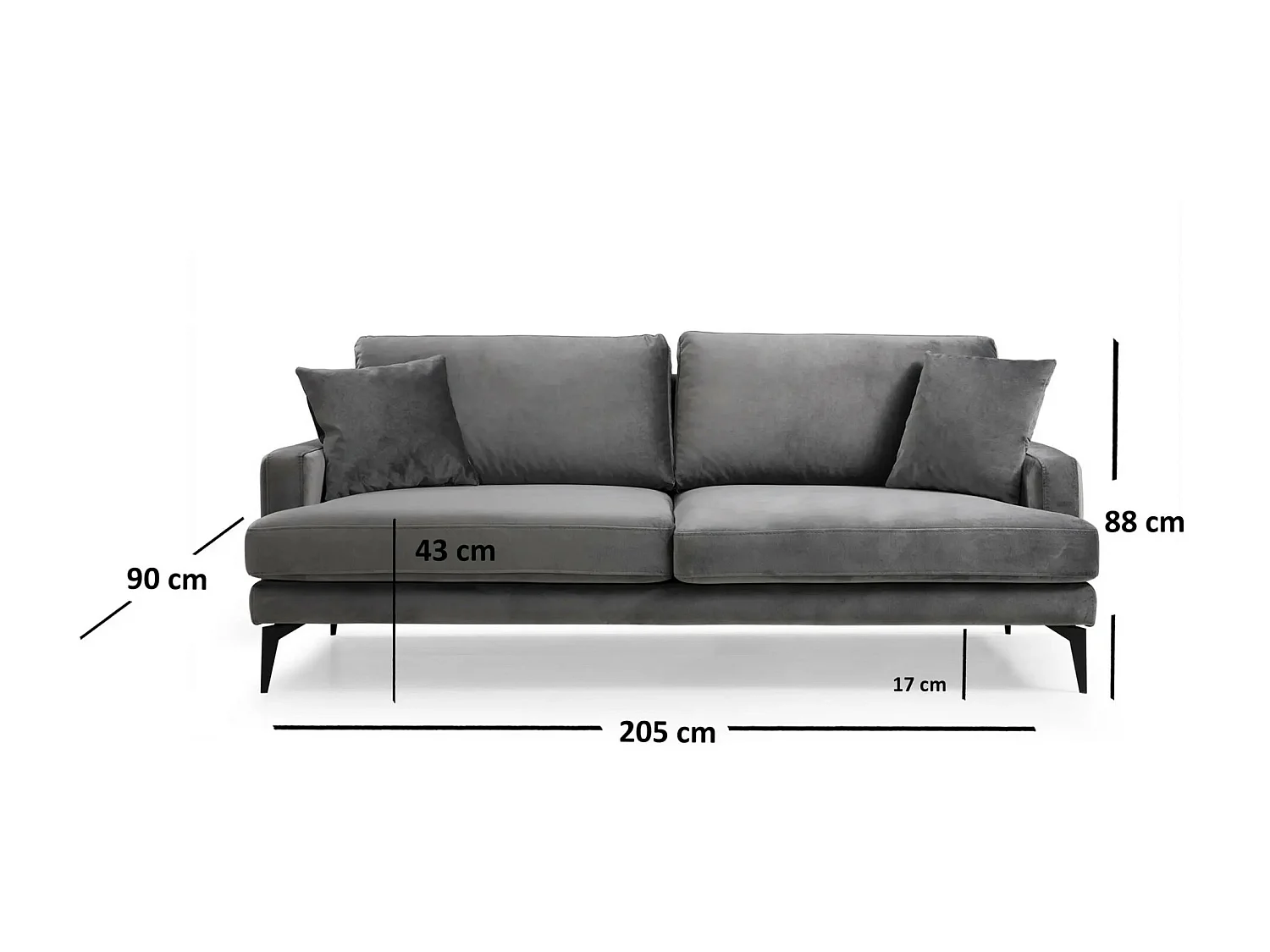 Canapé 3 places design tissu velouté gris et pieds métal noir Kombaz 205cm