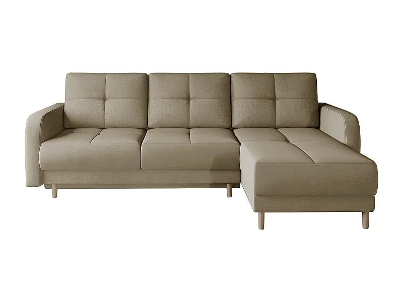 Scandinavische omkeerbare hoekbank in zacht beige stof en lichte houten poten Kindo 240 cm