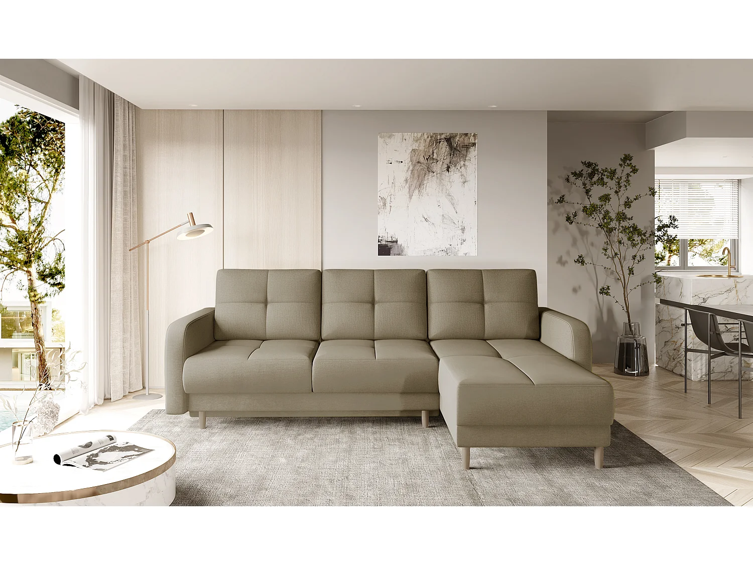 Scandinavische omkeerbare hoekbank in zacht beige stof en lichte houten poten Kindo 240 cm