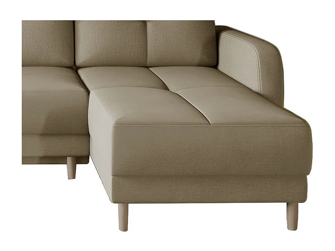 Scandinavische omkeerbare hoekbank in zacht beige stof en lichte houten poten Kindo 240 cm