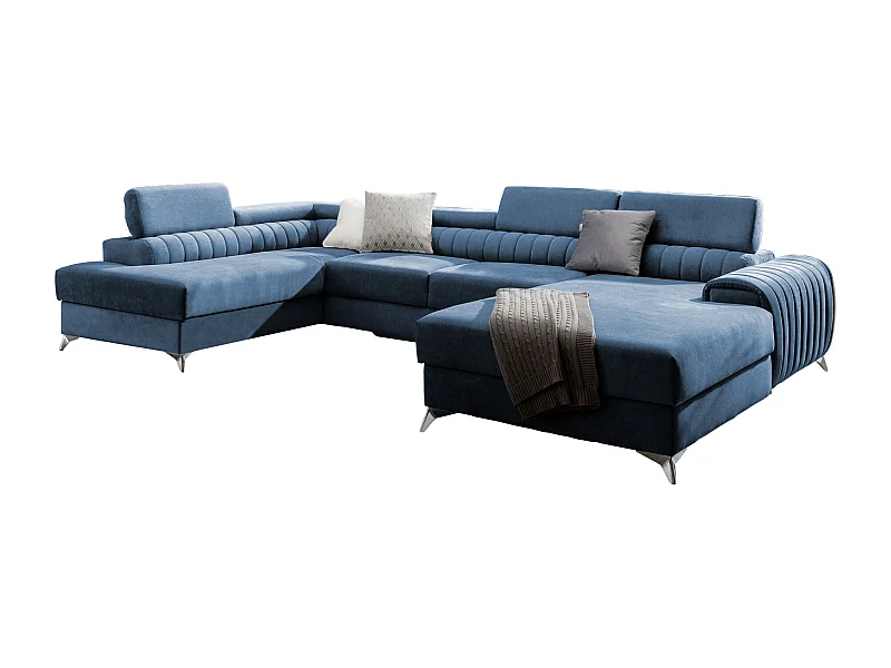 Canapé d'angle U tissu bleu coffre de rangement à gauche Kalante 347cm