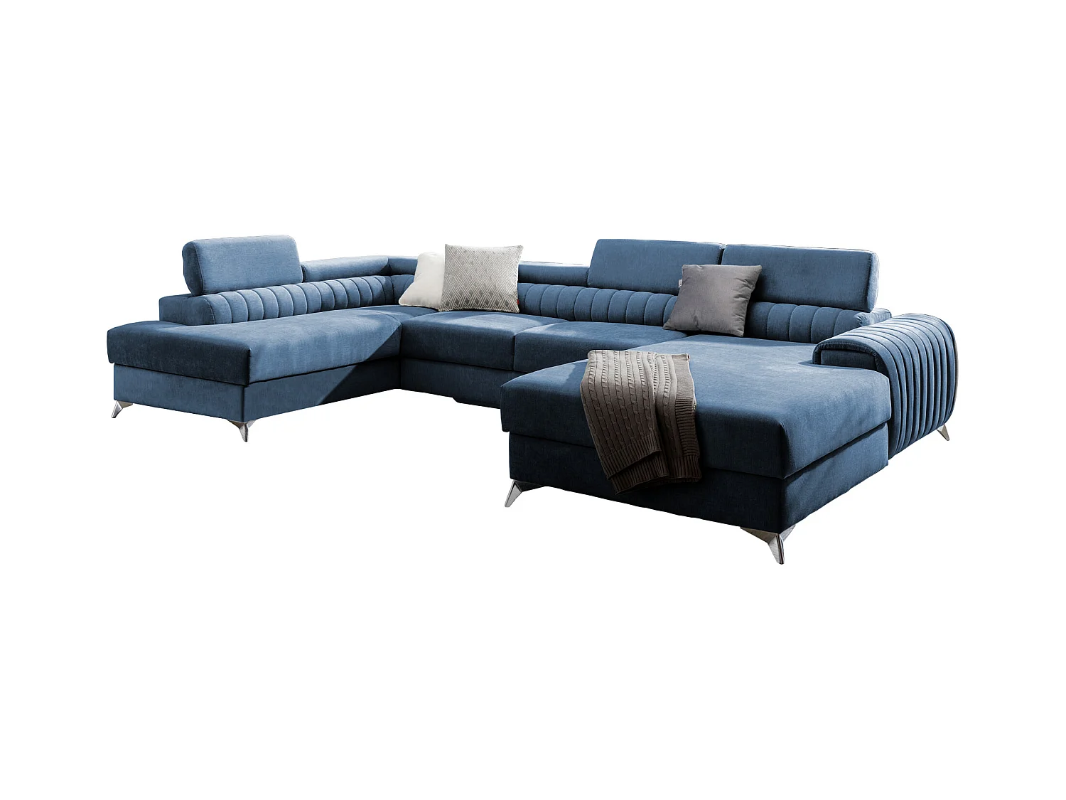 Canapé d'angle U tissu bleu coffre de rangement à gauche Kalante 347cm