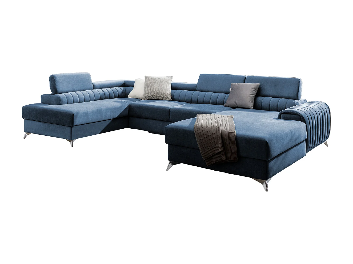 Canapé d'angle U tissu bleu coffre de rangement à gauche Kalante 347cm