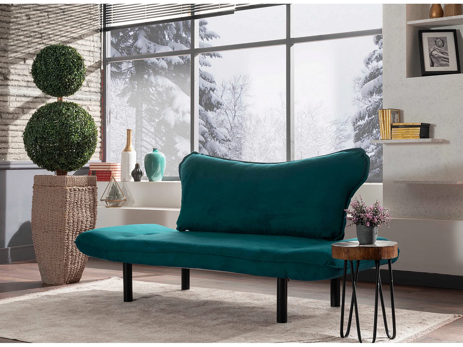 Canapé convertible 2 places tissu bleu canard Kalos 140cm