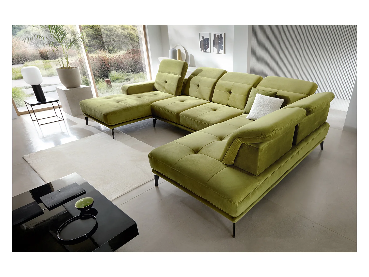 Moderne panoramische bank donkergroen fluwelen hoofdsteunen haaks Versus 350 cm2