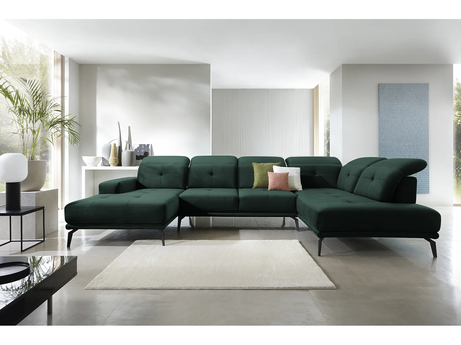 Canapé panoramique moderne velours vert foncé têtières angle droit Versus 350cm 2