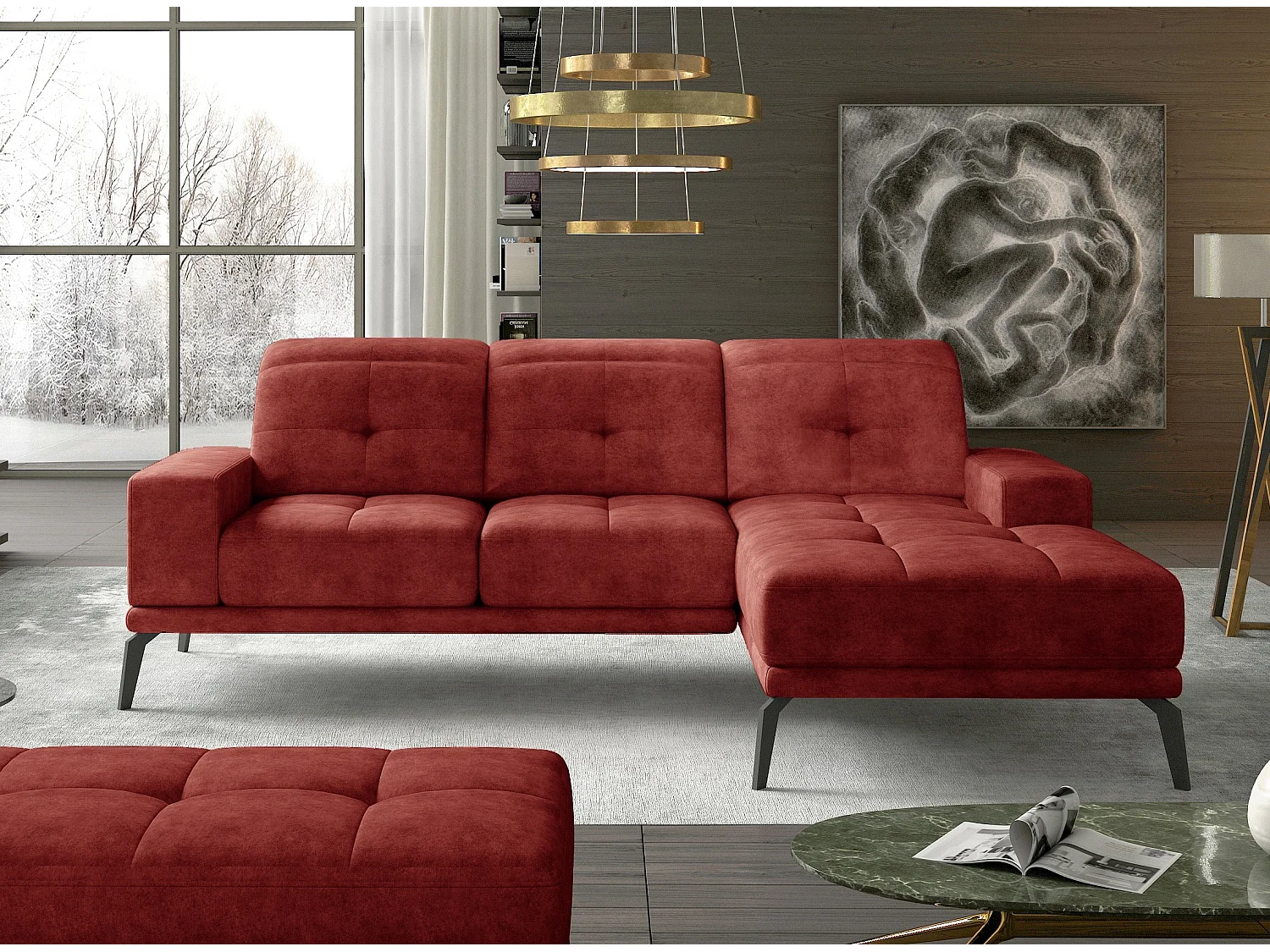 Canapé d'angle droit 5 places tissu suédine rouge tomette Torpille 265cm