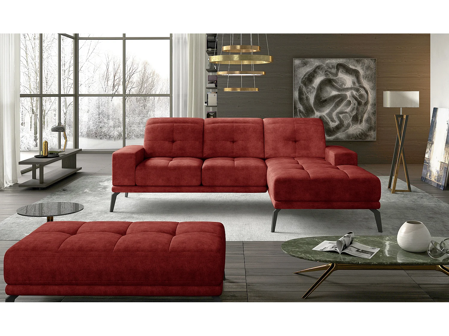 Canapé d'angle droit 5 places tissu suédine rouge tomette Torpille 265cm