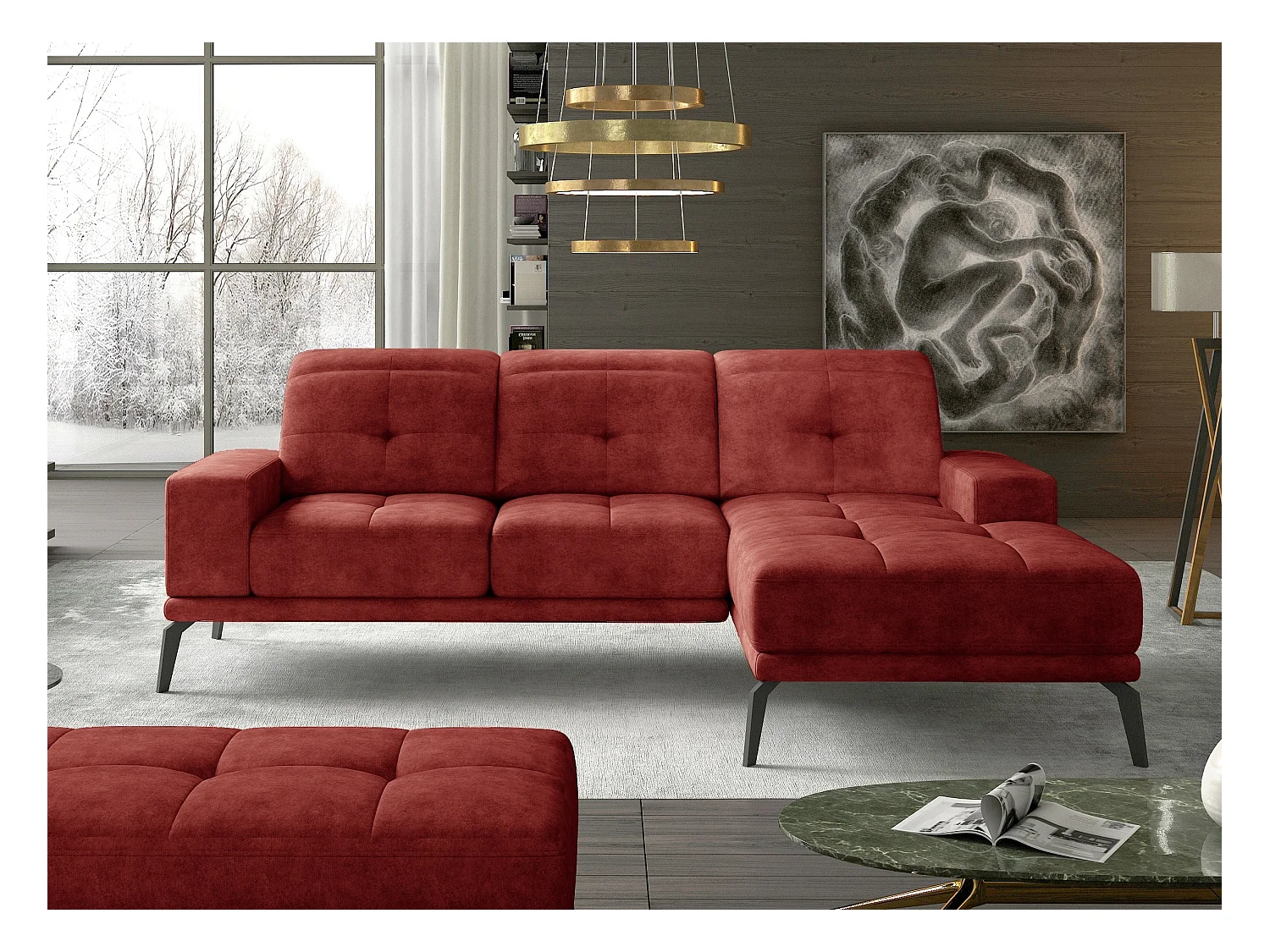Canapé d'angle droit 5 places tissu suédine rouge tomette Torpille 265cm