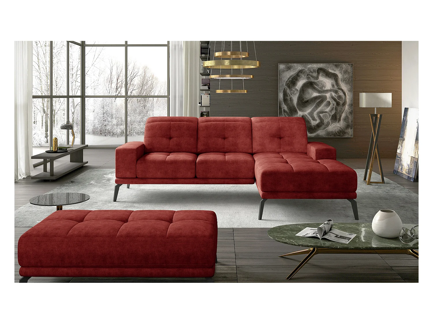 Canapé d'angle droit 5 places tissu suédine rouge tomette Torpille 265cm