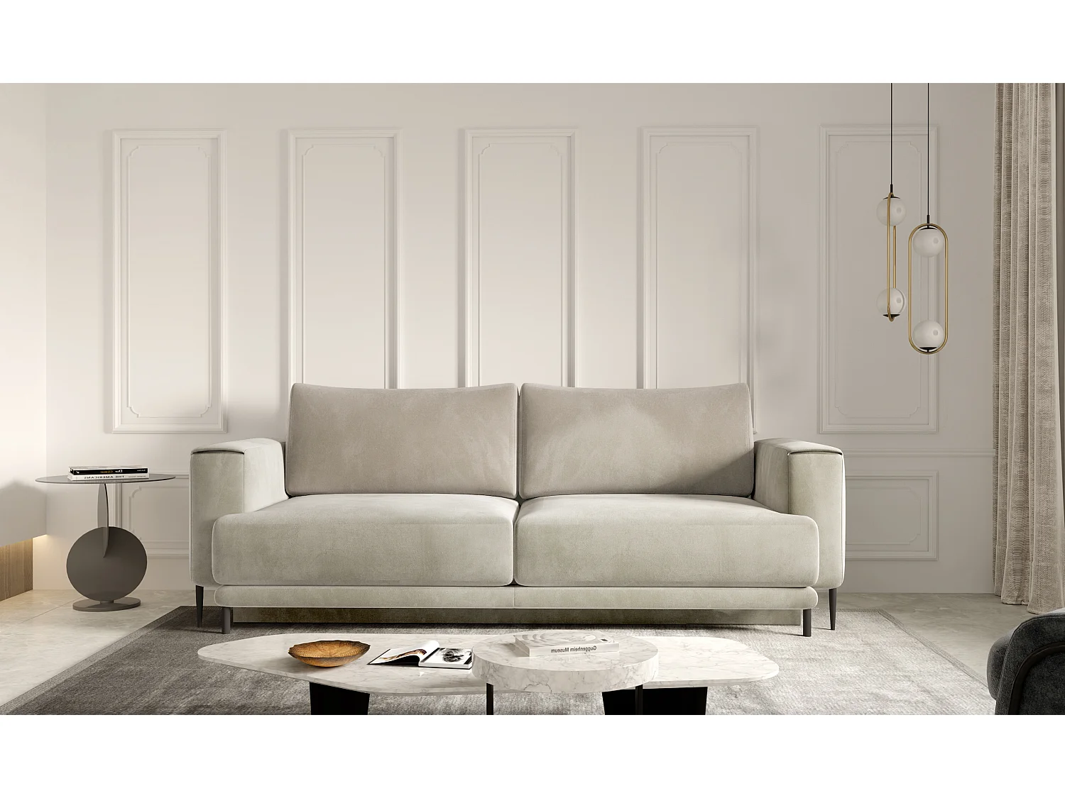 Designer 4-zits slaapbank in beige fluweel en zwarte metalen poten Arkia 260 cm