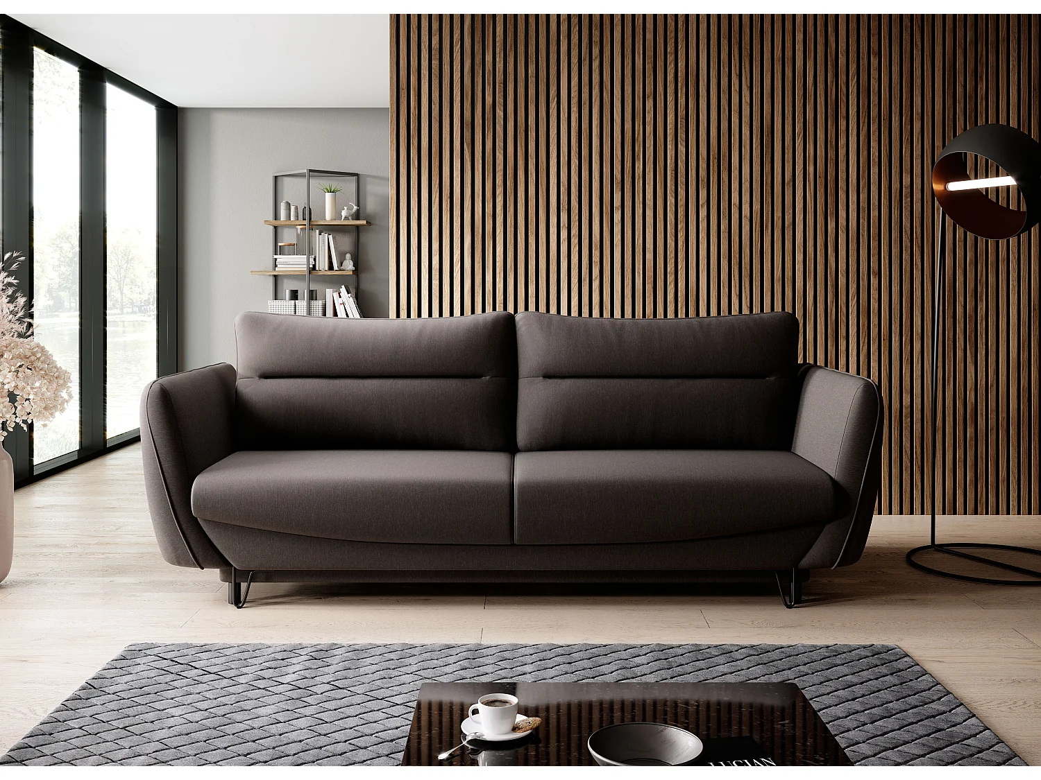 Canapé droit convertible tissu ZURIK - Coffre de rangement et pieds métal noir-Marron