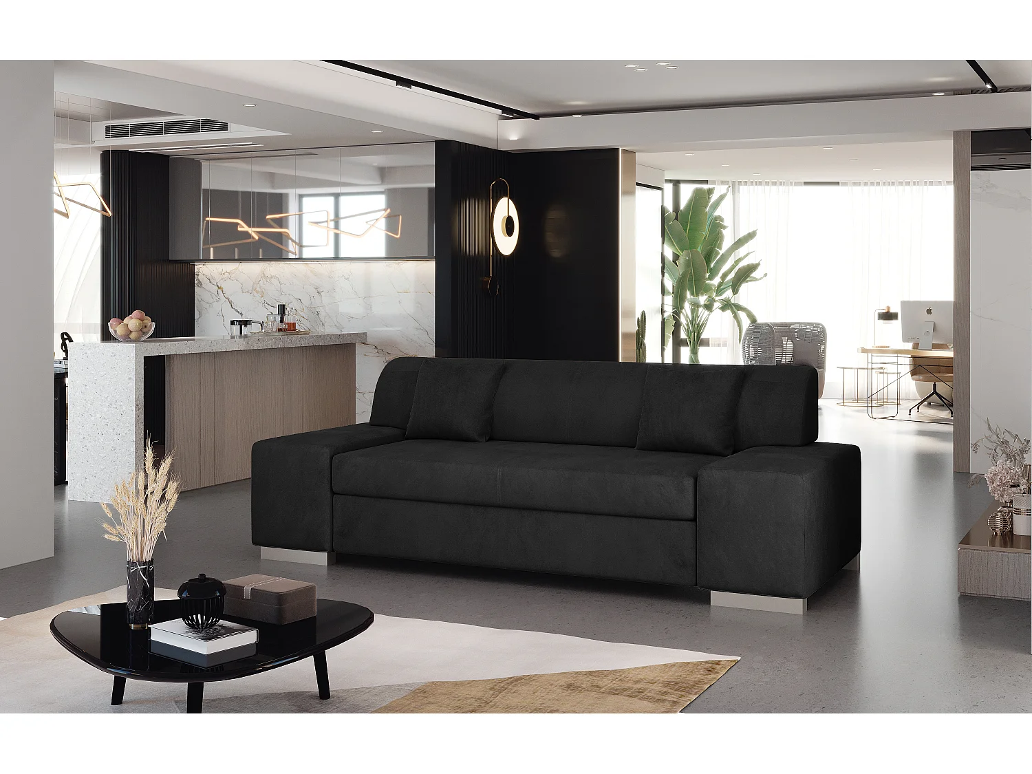 Canapé minimaliste 3-4 places velours anthracite Plazo 210cm