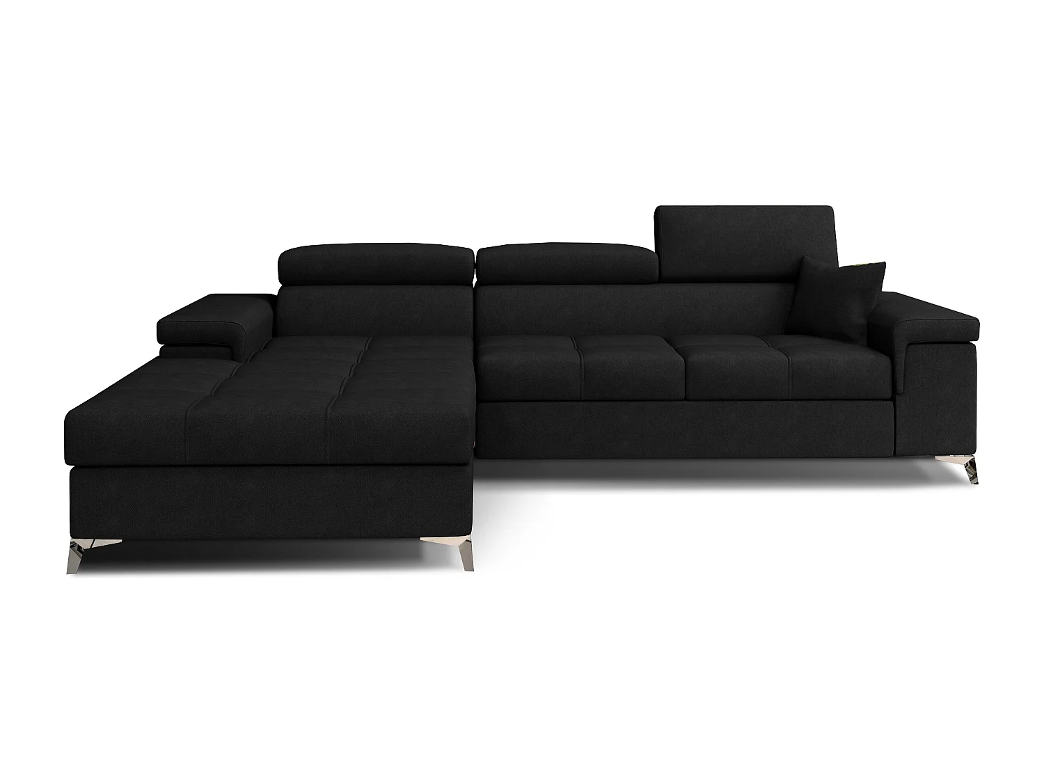 Sofá esquinero convertible RIKARO de terciopelo con reposacabezas ajustables - Base y patas de acero cromado-Negro-Ángulo izquierdo