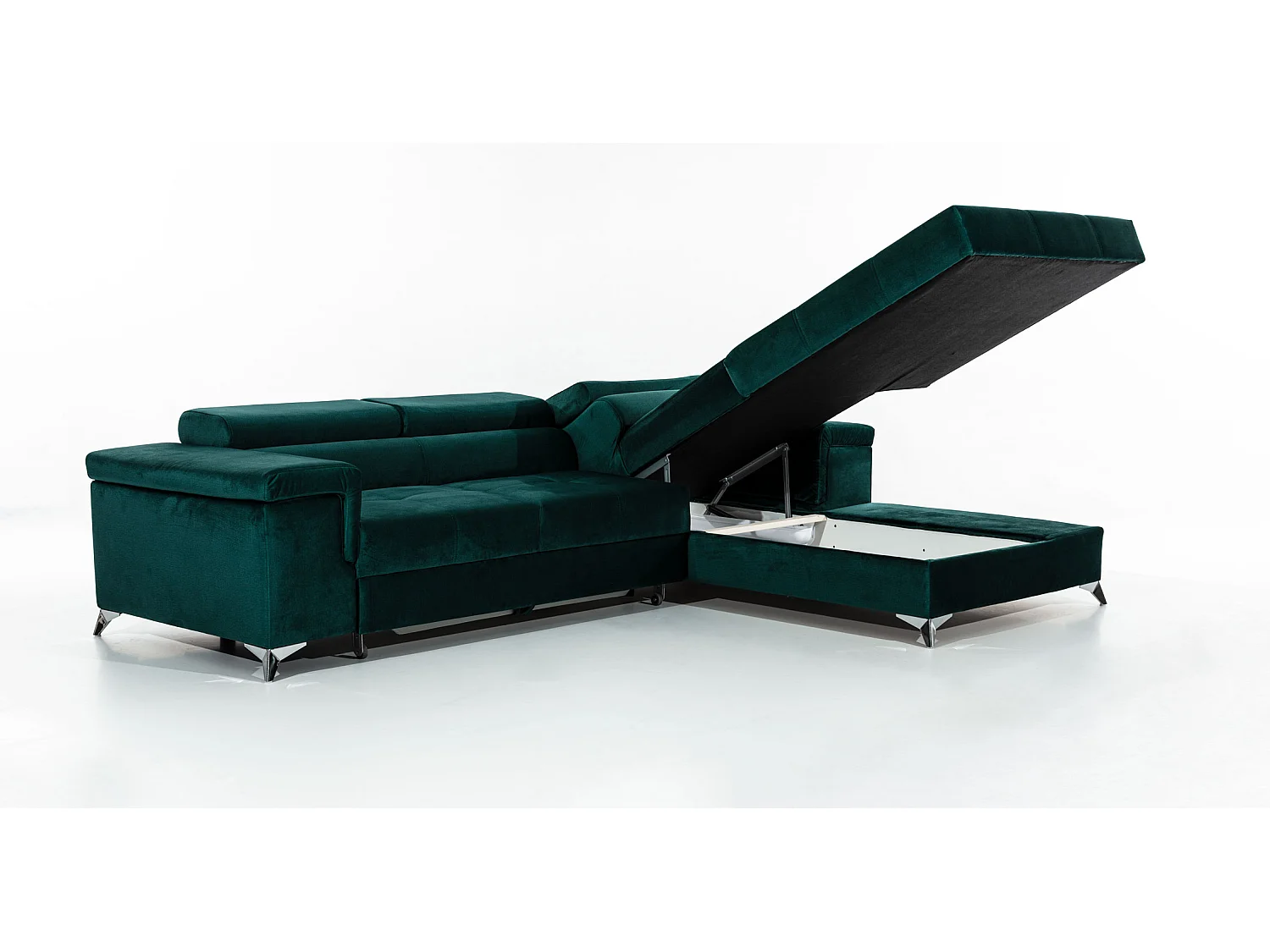 Sofá esquinero convertible RIKARO de terciopelo con reposacabezas ajustables - Base y patas de acero cromado-Negro-Ángulo izquierdo