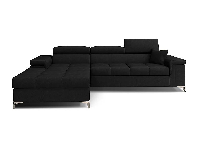 Canapé d'angle convertible velours appuis-tête réglables RIKARO - Coffre et pieds acier chromé-Noir-angle gauche